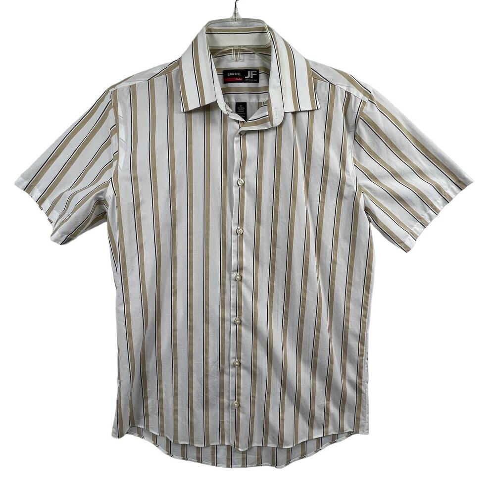J FERRAR Mens Medium Beige Brown Stripe Short Sleeve Stretch Button Up Shirt